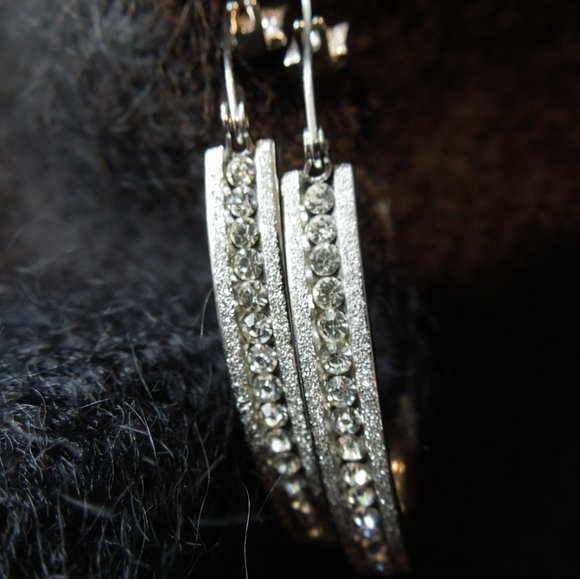 Stainless Steel silvertone inside/outside Pave, 2" inch Hoop earrings - Picture 4 of 9